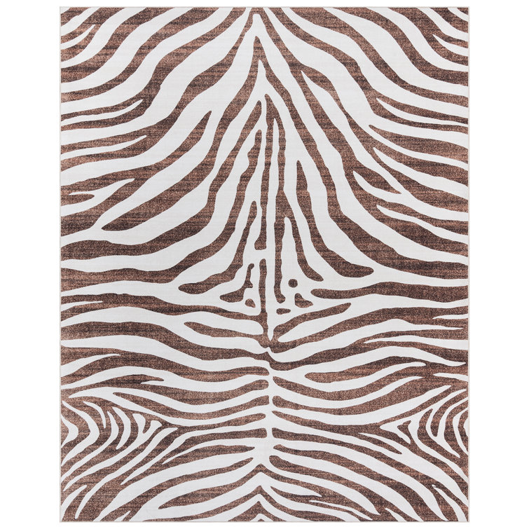 Ivory and Brown Zebra Stripe Washable Synthetic 5' x 7' Area Rug