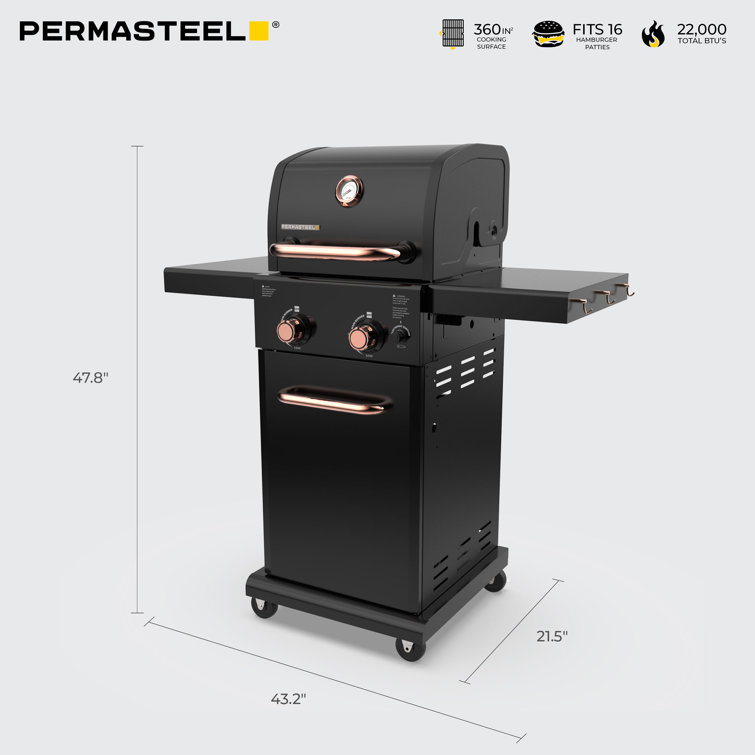 Compact Black and Copper 2-Burner Propane Gas Grill with Foldable Side Tables