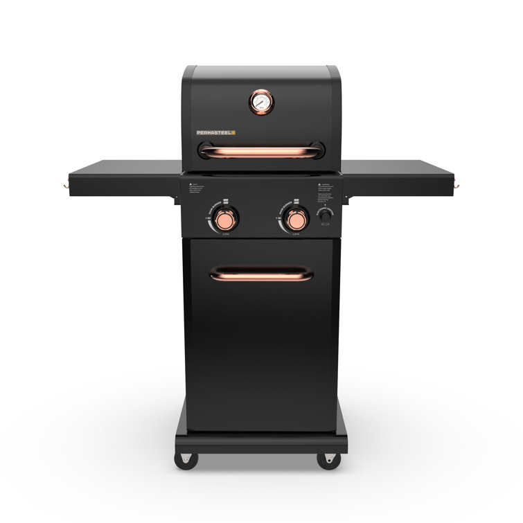Compact Black and Copper 2-Burner Propane Gas Grill with Foldable Side Tables