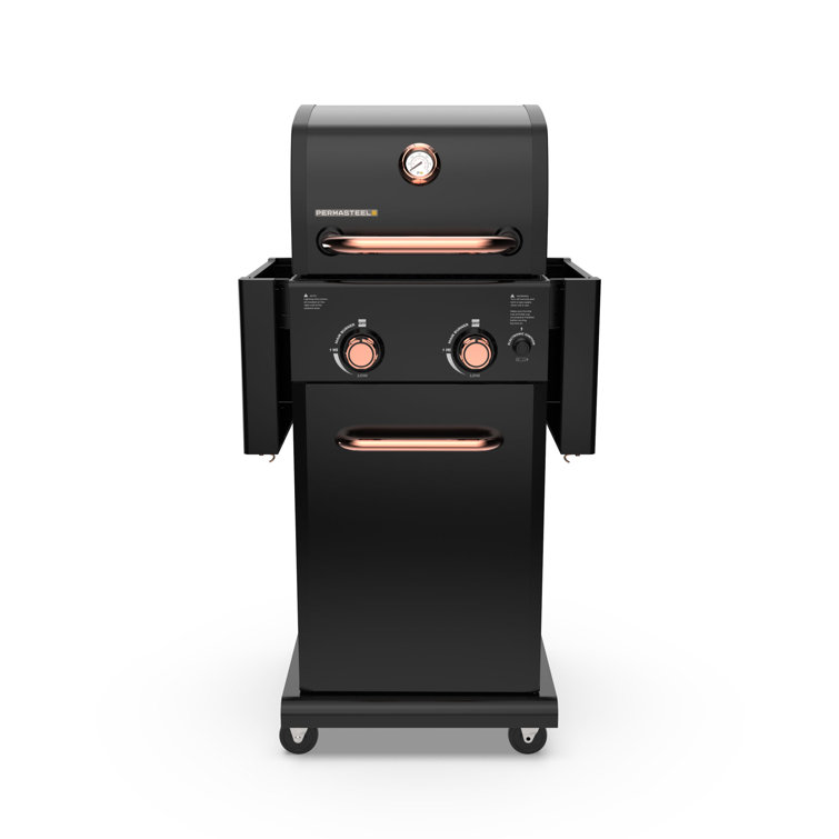 Compact Black and Copper 2-Burner Propane Gas Grill with Foldable Side Tables