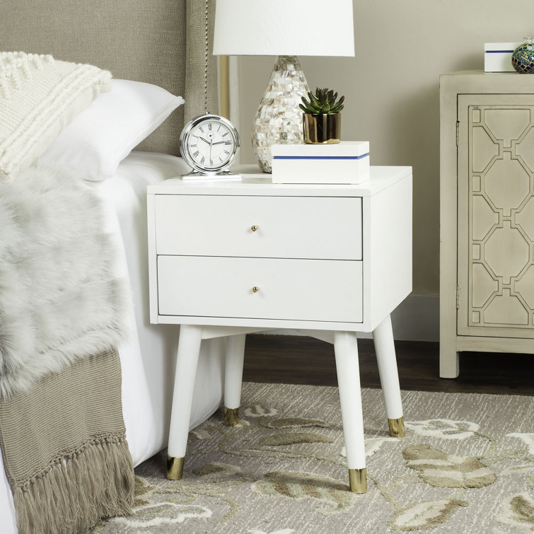 White Mid-Century Modern 2-Drawer Nightstand with Gold Accents