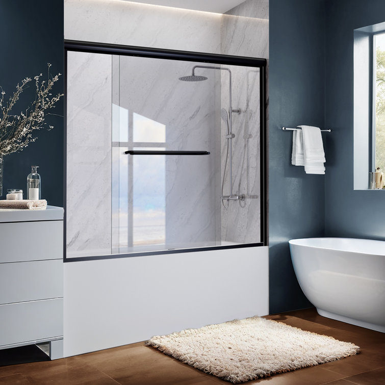 Matte Black Double Sliding Glass Shower Door with Towel Bars
