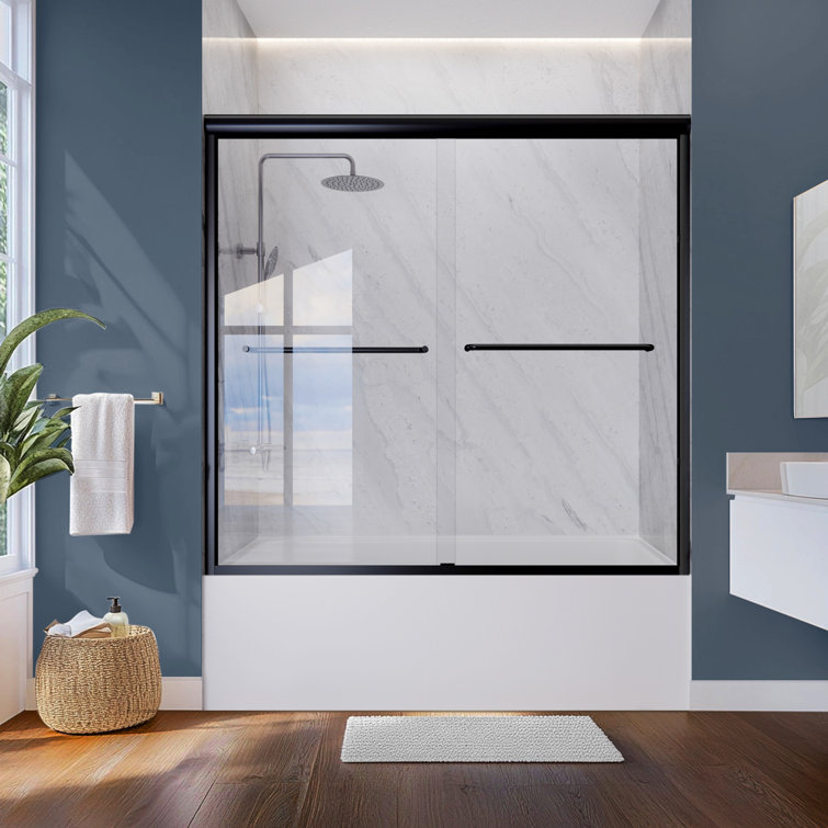 Matte Black Double Sliding Glass Shower Door with Towel Bars