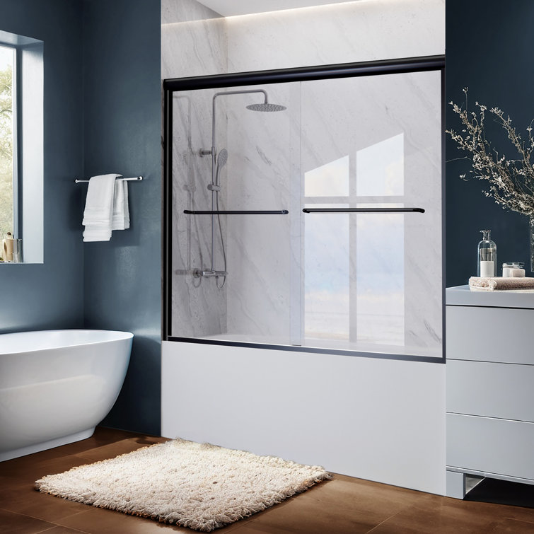 Matte Black Double Sliding Glass Shower Door with Towel Bars