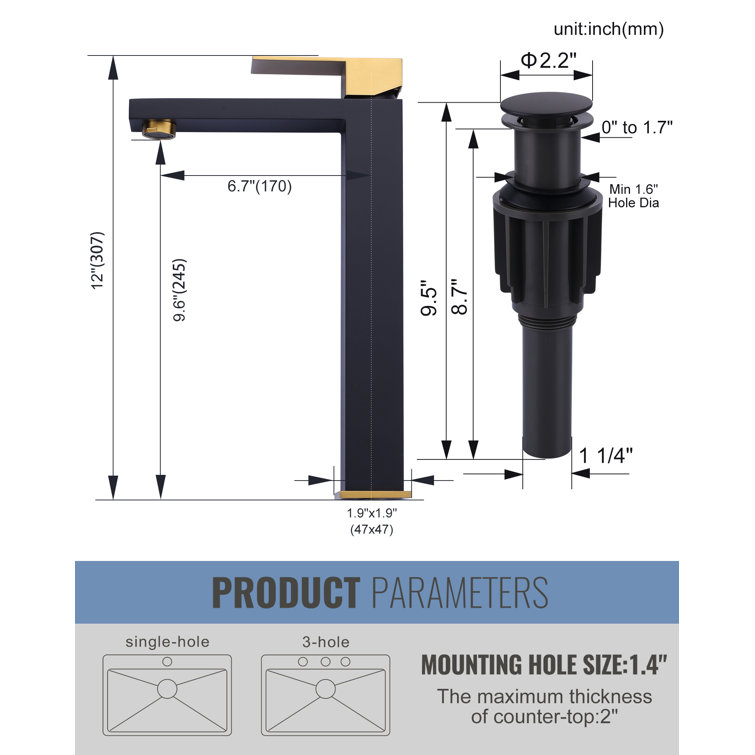 Gold and Matte Black Stainless Steel High Arc Bathroom Faucet with Drain Kit