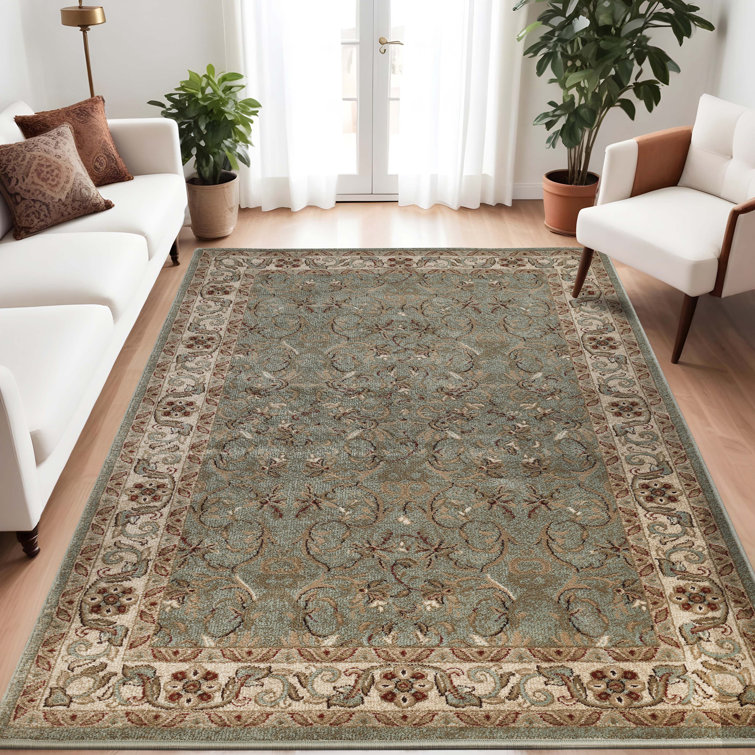 Ivory and Green Round Floral Synthetic Area Rug, 8' x 8'