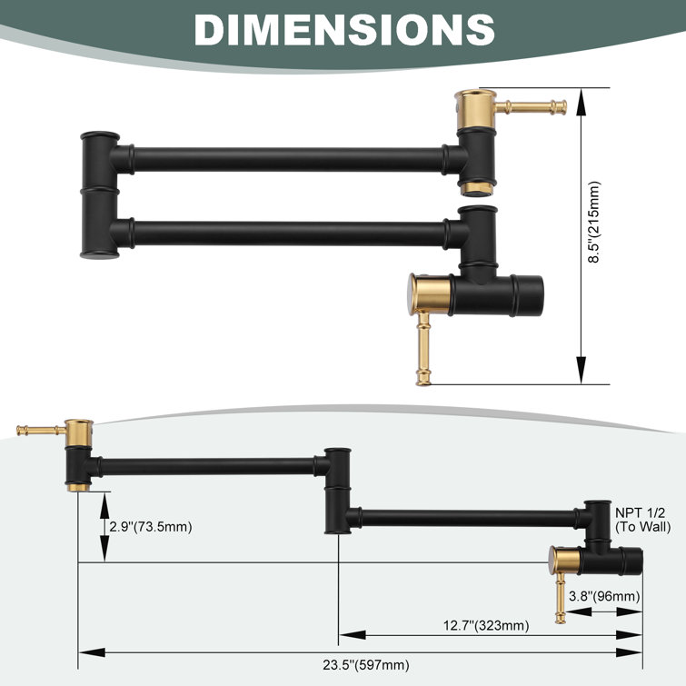 Black and Gold Brass Wall Mount Folding Pot Filler Faucet