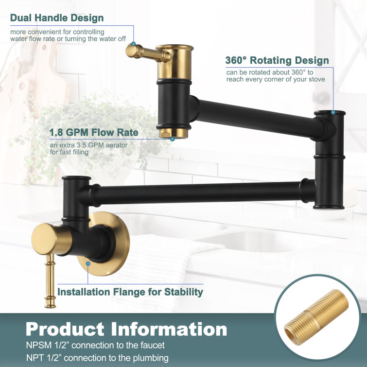 Black and Gold Brass Wall Mount Folding Pot Filler Faucet