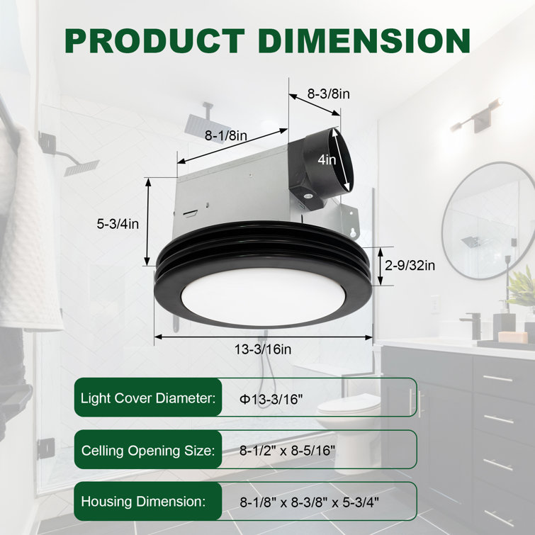 Matte Black Round Bathroom Exhaust Fan with Dimmable LED Light