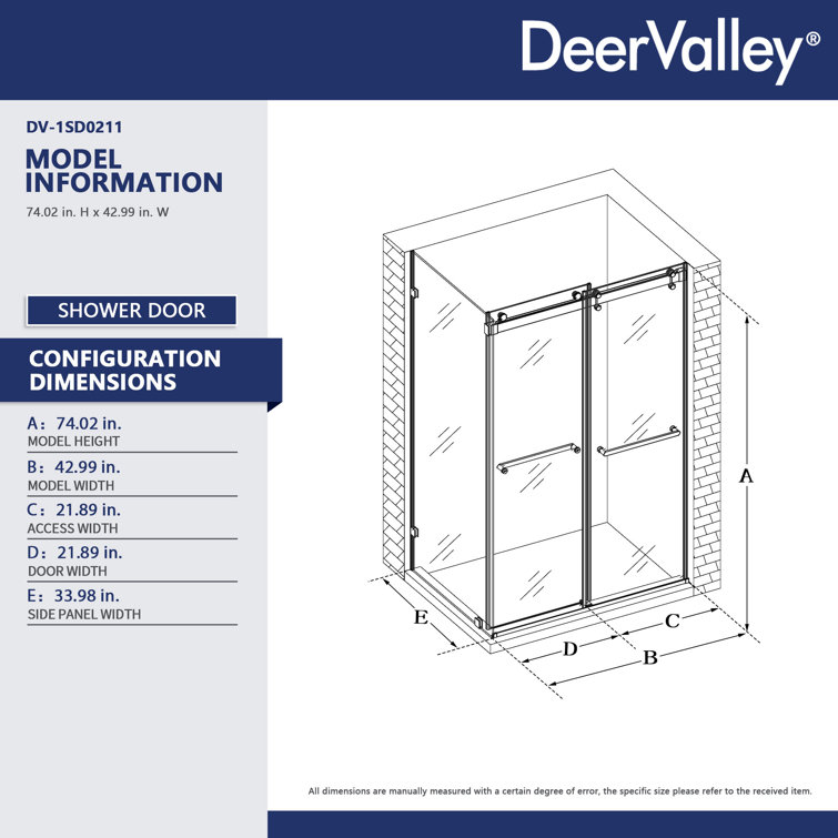 43" Frameless Sliding Shower Enclosure with Clear Glass and Stainless Steel