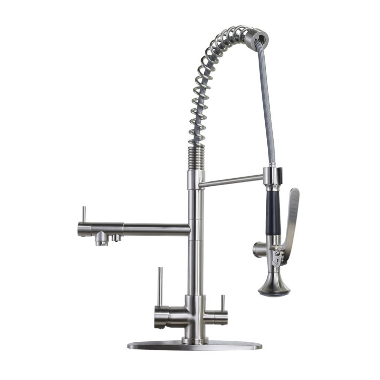 Brushed Nickel Double Handle Pull-Down Kitchen Faucet with Spray