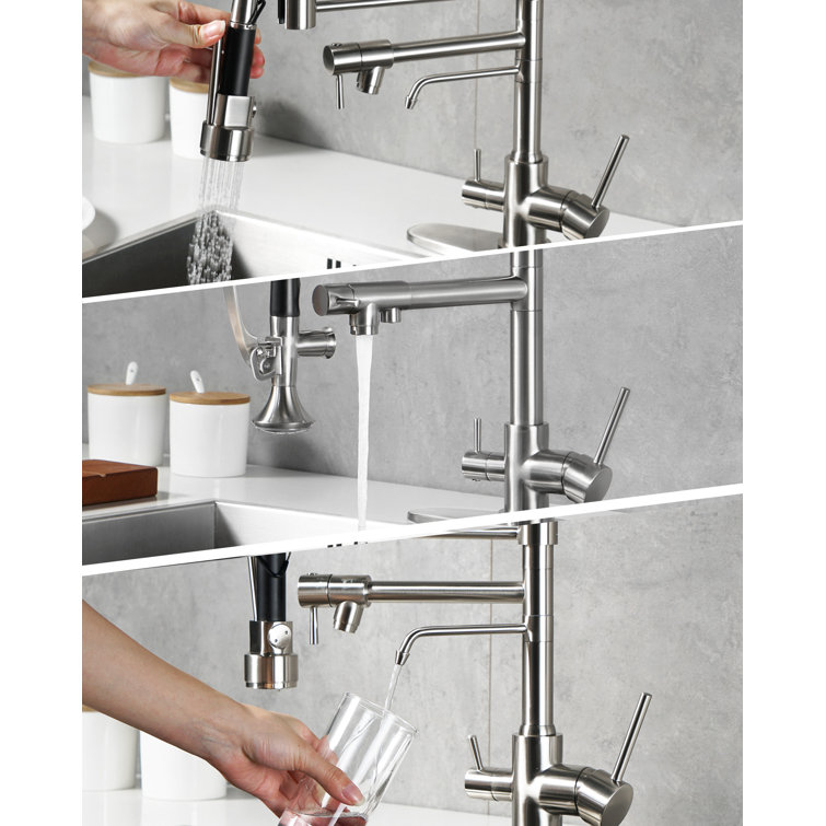 Brushed Nickel Double Handle Pull-Down Kitchen Faucet with Spray
