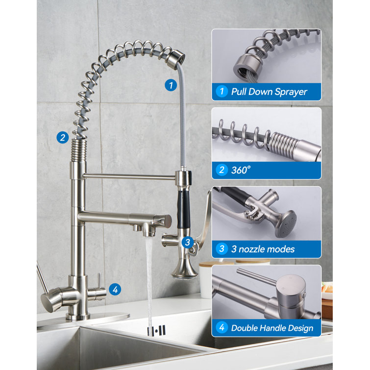 Brushed Nickel Double Handle Pull-Down Kitchen Faucet with Spray