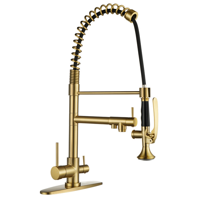 Brushed Gold Double Handle High-Arc Kitchen Faucet with Pull-out Spray