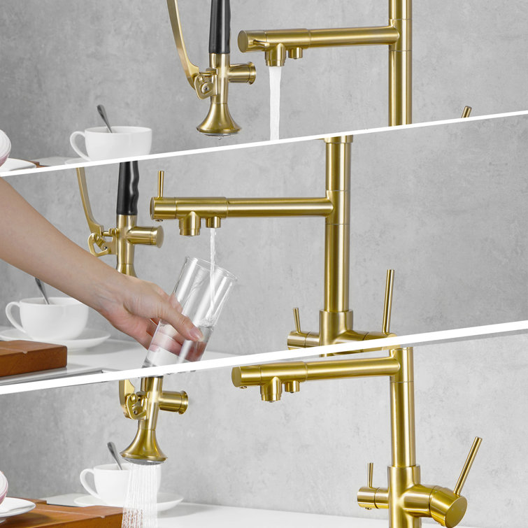 Brushed Gold Double Handle High-Arc Kitchen Faucet with Pull-out Spray