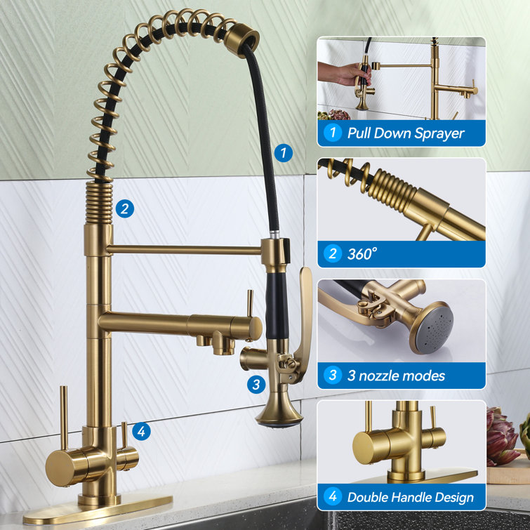Brushed Gold Double Handle High-Arc Kitchen Faucet with Pull-out Spray
