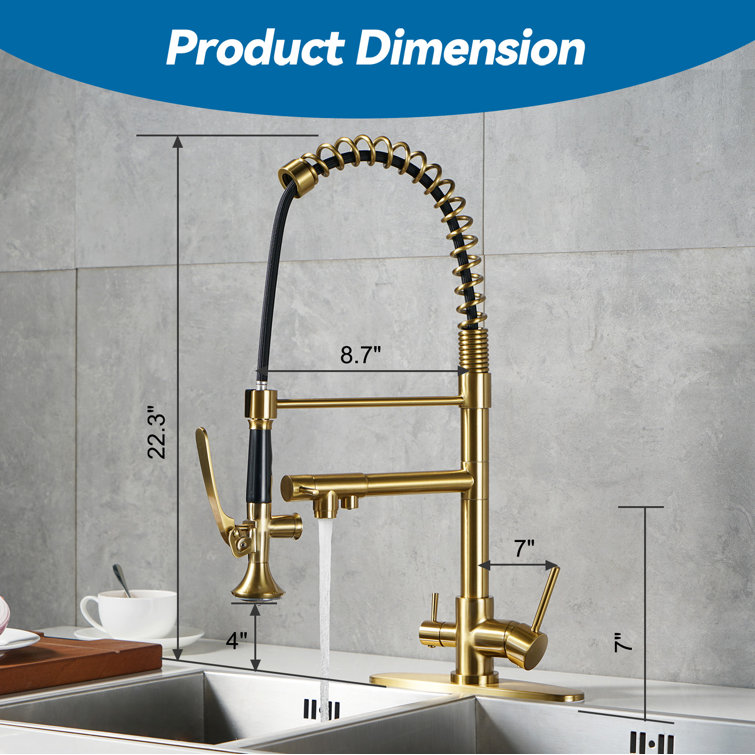 Brushed Gold Double Handle High-Arc Kitchen Faucet with Pull-out Spray