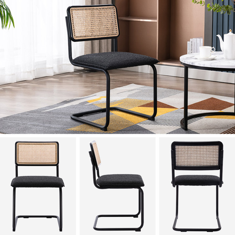 Black Boucle Upholstered Side Chair with Rattan Cane Back
