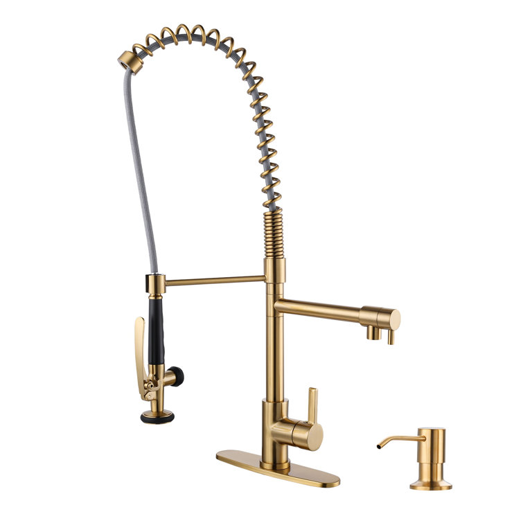 Brushed Gold Commercial High-Arc Kitchen Faucet with Pull-Out Spray