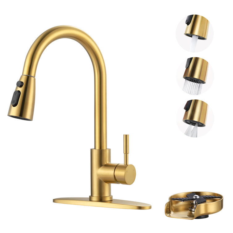 Brushed Gold Stainless Steel Pull-Down Kitchen Faucet with Deckplate