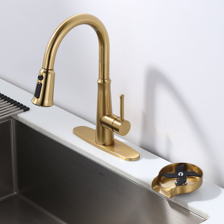 Brushed Gold Stainless Steel Pull-Down Kitchen Faucet with Deckplate
