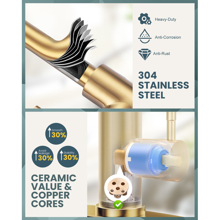 Brushed Gold Stainless Steel Pull-Down Kitchen Faucet with Deckplate