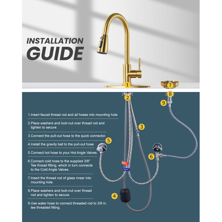 Brushed Gold Stainless Steel Pull-Down Kitchen Faucet with Deckplate