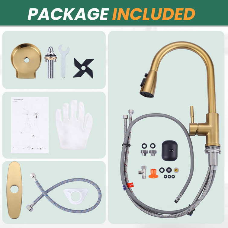 Brushed Gold Stainless Steel Pull-Down Kitchen Faucet with Deckplate