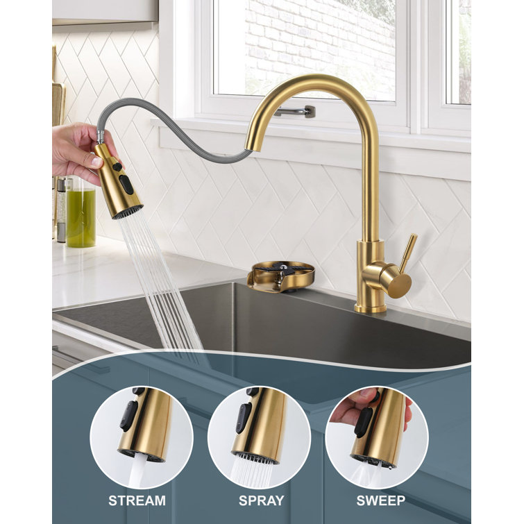 Brushed Gold Stainless Steel Pull-Down Kitchen Faucet with Deckplate