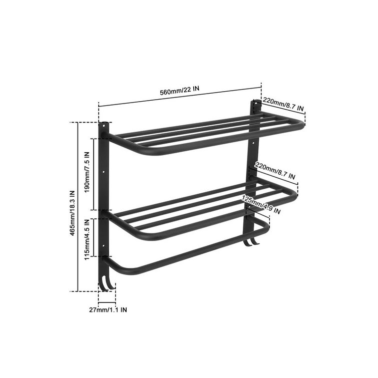 Matte Black 22" Wall-Mounted Steel 3-Tier Towel Rack with Hooks