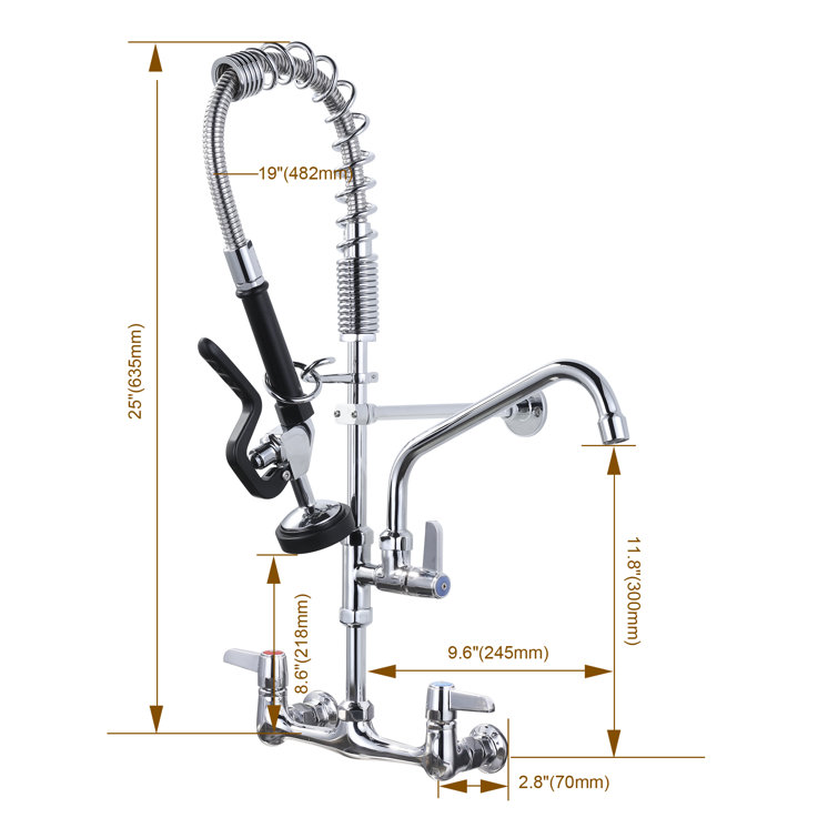 25-Inch Chrome Wall Mount Triple Handle Commercial Kitchen Faucet with Pull-Out Spray