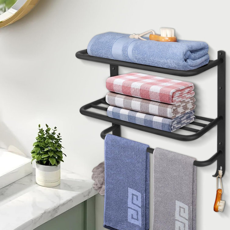 Matte Black 22" Wall-Mounted Steel 3-Tier Towel Rack with Hooks