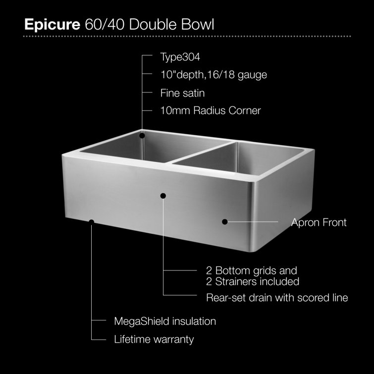 Epicure 33'' Stainless Steel Farmhouse Double Bowl Kitchen Sink