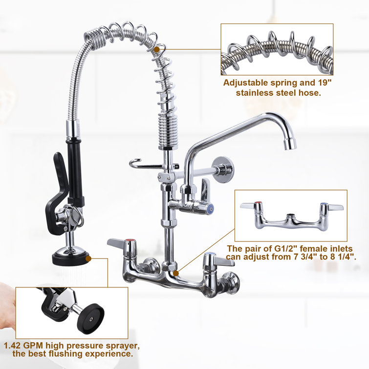 21-Inch Polished Chrome Triple Handle Wall Mount Kitchen Faucet