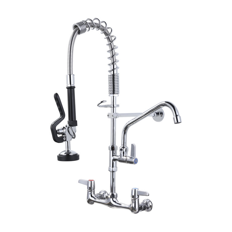 25-Inch Chrome Wall Mount Triple Handle Commercial Kitchen Faucet with Pull-Out Spray