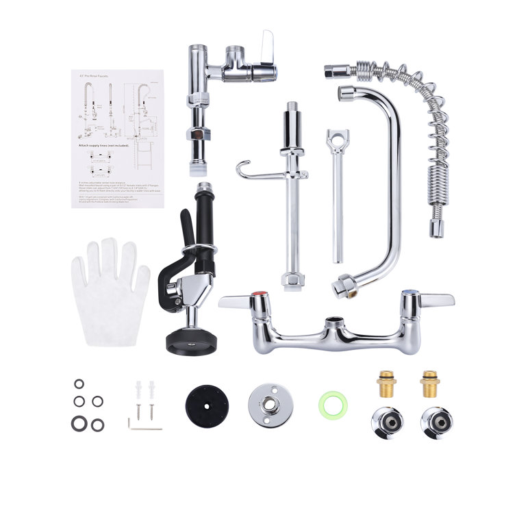25-Inch Chrome Wall Mount Triple Handle Commercial Kitchen Faucet with Pull-Out Spray