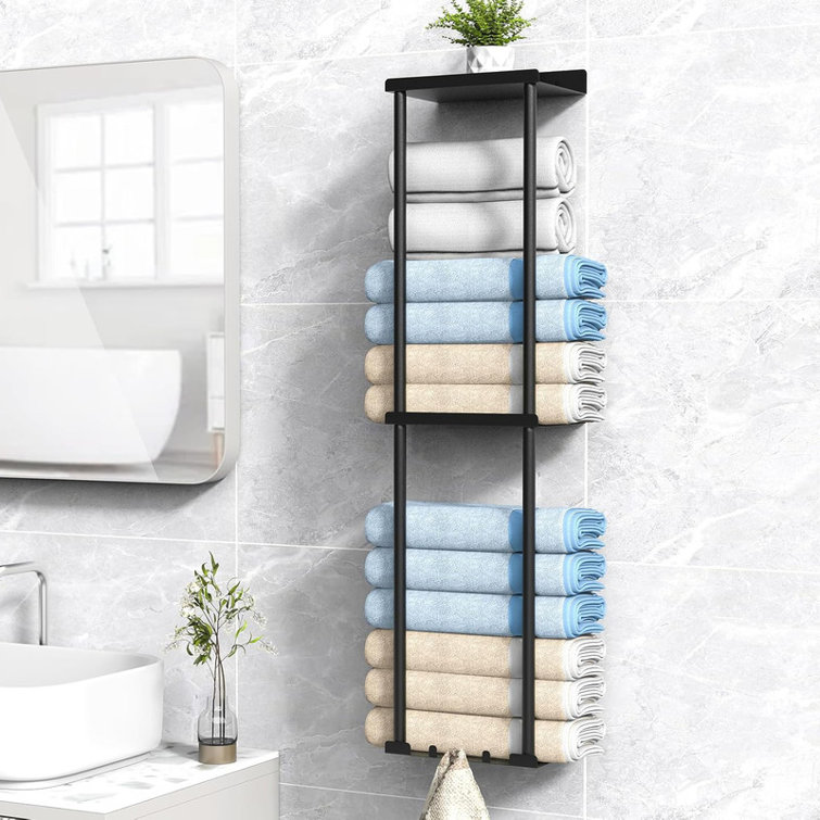 Black Wall Mounted 2-Layer Towel Rack Organizer
