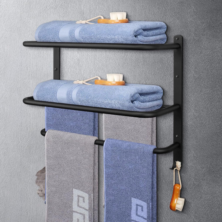 Matte Black 22" Wall-Mounted Steel 3-Tier Towel Rack with Hooks