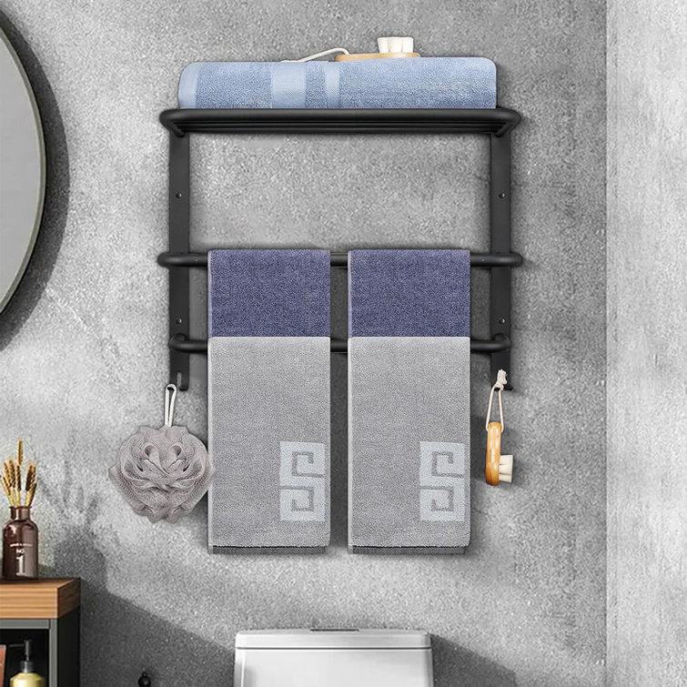 Matte Black 22" Wall-Mounted Steel 3-Tier Towel Rack with Hooks
