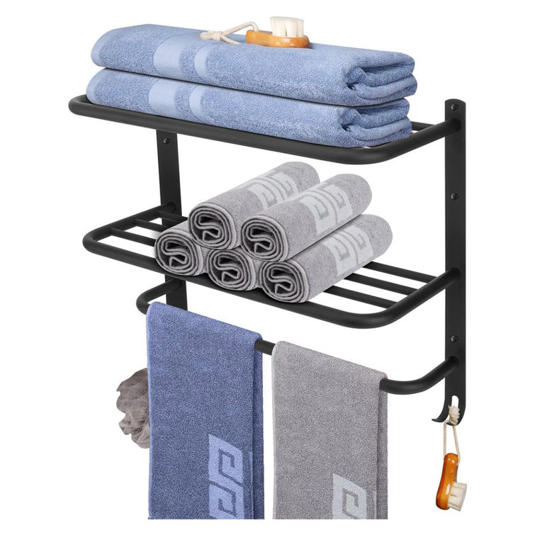 Matte Black 22" Wall-Mounted Steel 3-Tier Towel Rack with Hooks