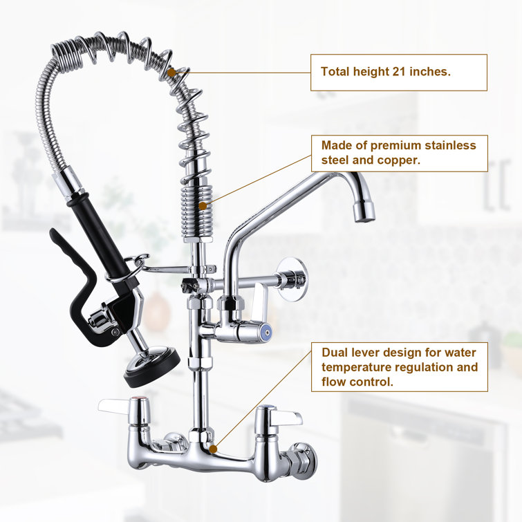 21-Inch Polished Chrome Triple Handle Wall Mount Kitchen Faucet