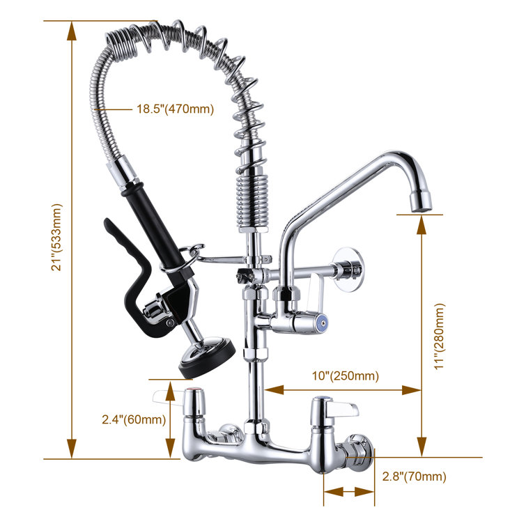 21-Inch Polished Chrome Triple Handle Wall Mount Kitchen Faucet