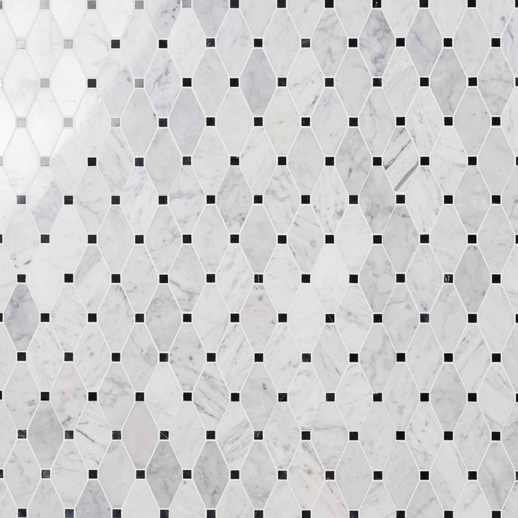 White Carrera Marble Octagon and Dot Mosaic Tile