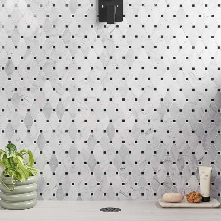 White Carrera Marble Octagon and Dot Mosaic Tile