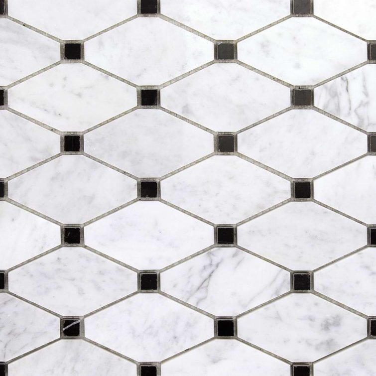 White Carrera Marble Octagon and Dot Mosaic Tile