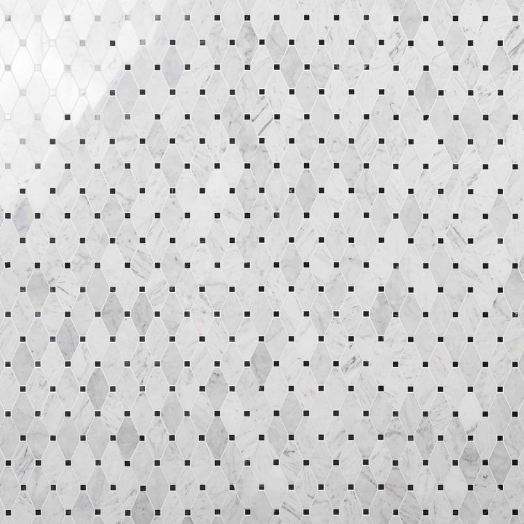 White Carrera Marble Octagon and Dot Mosaic Tile