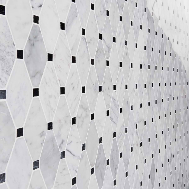 White Carrera Marble Octagon and Dot Mosaic Tile