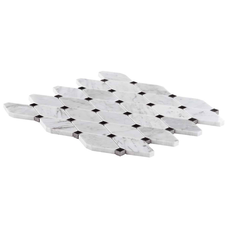 White Carrera Marble Octagon and Dot Mosaic Tile