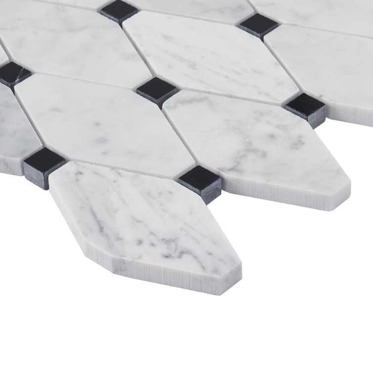 White Carrera Marble Octagon and Dot Mosaic Tile