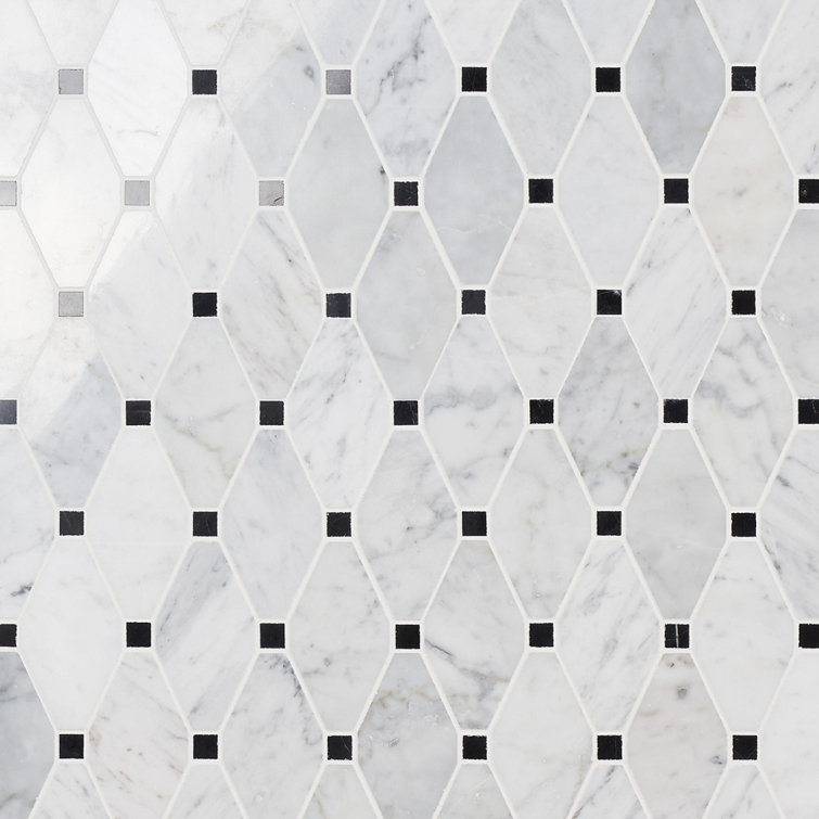 White Carrera Marble Octagon and Dot Mosaic Tile